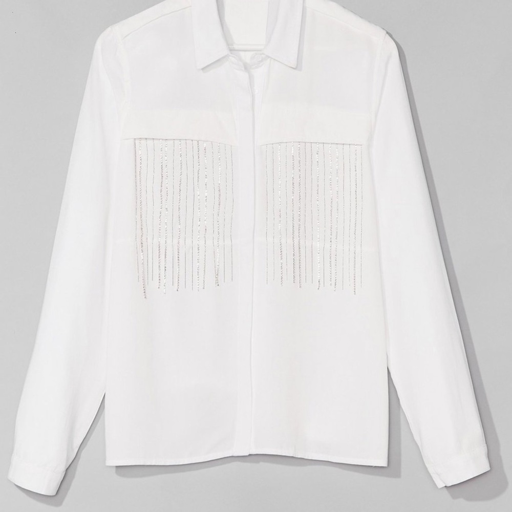 Crystal Fringe White Button Up Shirt.